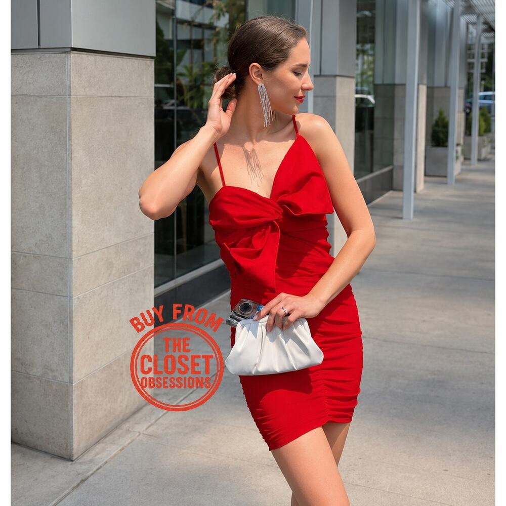 Zara Red Bow Mini Dress Ruched Bodycon Party Dress NWT - Picture 3 of 16